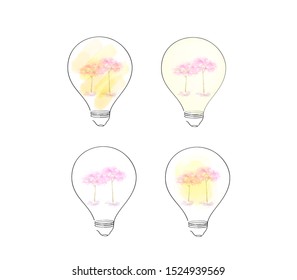 Light bulbs, colorful Japanese Cherry Blossom Trees, Sakura in lamp, think about beautiful nature travel Idea and Concept, sign symbol in watercolor style, Vector illustration.