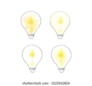 Light bulbs, colorful maidenhair tree, (ginkgo in Japanese) in lamp, think about beautiful nature travel Idea and Concept, sign symbol in watercolor style, Vector illustration.