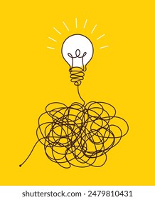 Light bulbs with confused concept of chaos. Complex way from start to idea. Tangle clarity or path in hand drawn style. Vector illustration