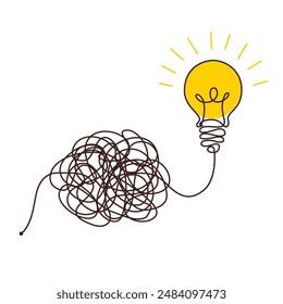 Light bulbs with confused concept of chaos. Complex way from start to idea. Tangle clarity or path in hand drawn style. Vector illustration