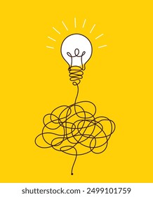 Light bulbs with confused concept of chaos. Complex way from start to idea. Tangle clarity or path in hand drawn style. Vector illustration
