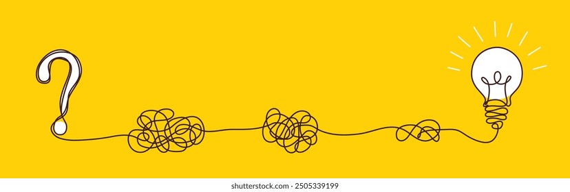 Light bulbs with confused concept of chaos. Complex way from start to idea. Tangle clarity or path in hand drawn style. Vector illustration