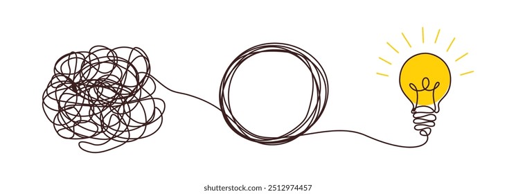 Lâmpadas com conceito confuso de caos. Caminho complexo do início à ideia. Emaranhar a clareza ou o caminho no estilo desenhado à mão. Ilustração vetorial
