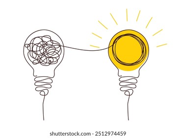 Light bulbs with confused concept of chaos. Complex way from start to idea. Tangle clarity or path in hand drawn style. Vector illustration