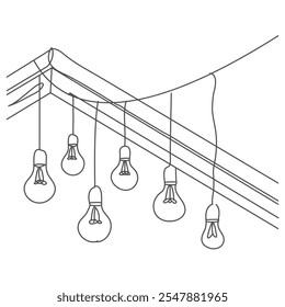 Lâmpadas contínuas desenho de uma linha de arte. Lâmpada simples de decoração conceito. Ilustração vetorial isolada. Desenho minimalista de mão. Ícone de lâmpada desenho em estilo de esboço preto e branco isolado.