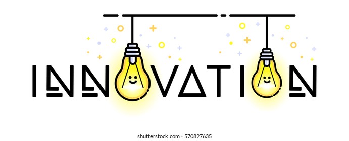 Light bulbs in creative banner. Innovation ideas. Vector flat line style design. Artwork isolated on white background.