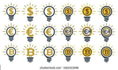 Light bulbs with currencies. Ideas of making money. Financial concept design.