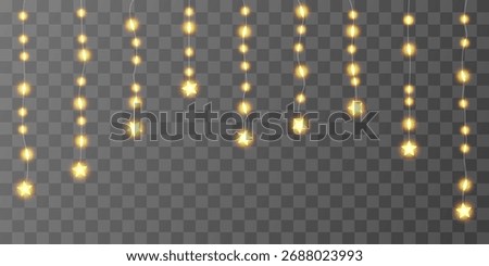 Light bulbs curtain, star festoon header. Fairy garland hanging strings. Ramadan Kareem lantern, chirstmas sky vector bg. 3d wire wedding ornament, warm bokeh frame. Lightbulb bright luxury glow