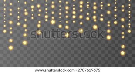 Light bulbs curtain, star festoon header. Garland hanging strings. Ramadan lantern, sky vector bg. Christmas decoration png, gold glitter festive pattern. 3d wire wedding ornament, warm bokeh frame.