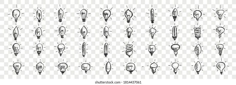 Light bulbs doodle set. Collection of hand drawn pencil sketches template patterns of lamps enlightment devices on transparent background. Illustration of idea and creative thinking symbols.