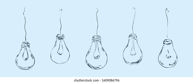 Light bulbs are drawn in a minimalist style in the form of wires on a blue background for the interior, design, advertising, ideas, icons. Minimal flat concept.