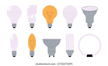 Light bulbs, electric lamp types. LED, fluorescent, incandescent, halogen and HID lighbulbs, modern and vintage electricity, illumination. Flat vector illustrations isolated on white background.