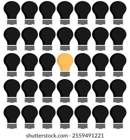 Light bulbs every extinguish black except bulbs yellow.Concept there are ideas in the group, there are no ideas.Light bulb vector element flat style illustration pattern wallpaper on white background.