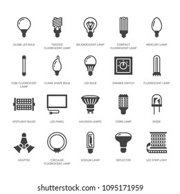 Light bulbs flat glyph icons. Led lamps types, fluorescent, filament, halogen, diode and other illumination. Thin linear signs for idea concept, electric shop. Solid silhouette pixel perfect 64x64.