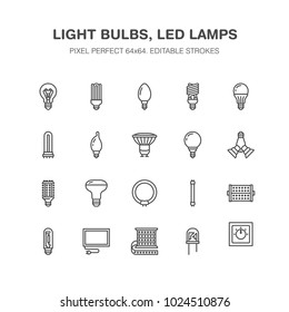 Light bulbs flat line icons. Led lamps types, fluorescent, filament, halogen, diode and other illumination. Thin linear signs for idea concept, electric shop. Pixel perfect 64x64.