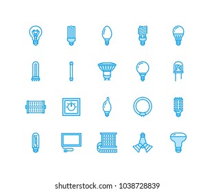 Light bulbs flat line icons. Led lamps types, fluorescent, filament, halogen, diode and other illumination. Thin linear signs for idea concept, electric shop. Pixel perfect 64x64.
