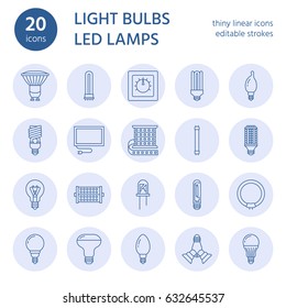 Light bulbs flat line icons. Led lamps types, fluorescent, filament, halogen, diode and other illumination. Thin linear signs for idea concept, electric shop. Blue color.
