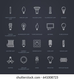 Light bulbs flat line icons. Led lamps types, fluorescent, filament, halogen, diode and other illumination. Thin linear signs for idea concept, electric shop.