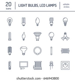 Light bulbs flat line icons. Led lamps types, fluorescent, filament, halogen, diode and other illumination. Thin linear signs for idea concept, electric shop.