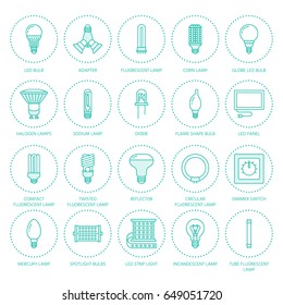 Light bulbs flat line icons. Led lamps types, fluorescent, filament, halogen, diode and other illumination. Thin linear signs for idea concept, electric shop. Blue color.