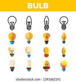 Light Bulbs Flat And Linear Icons Vector Set. Energy Saving, Efficient And Classical Lightbulbs Illustrations Collection. Idea, Innovation, Electricity Contour Symbols. Lamps Isolated Outline Drawings