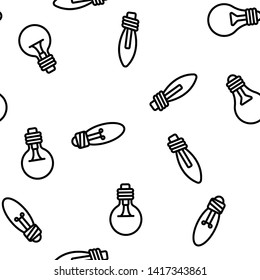 Light Bulbs Flat And Linear Icons Vector Seamless Pattern. Energy Saving, Efficient And Classical Lightbulbs Illustrations Collection. Idea, Innovation, Electricity Contour Symbols. Lamps