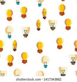 Light Bulbs Flat And Linear Icons Vector Seamless Pattern. Energy Saving, Efficient And Classical Lightbulbs Illustrations Collection. Idea, Innovation, Electricity Contour Symbols. Lamps