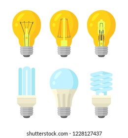 Light bulbs flat style set. Different kinds lamps with cold and warm glow. Isolated vector illustration on white background