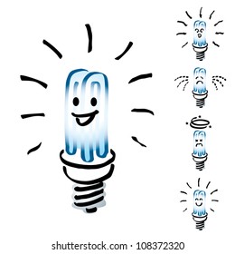 Light bulbs, Fluorescence bulb in Hand drawn or cartoon isolate on white. Hand drawn or cartoon of Saver or energy saving light bulbs in happy, smile, sad, indifferent, cheerful, dizzy mood or emotion