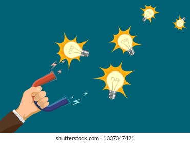 Light bulbs fly to a magnet in a human hand. Vector illustration.