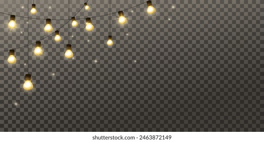 Light bulbs garland. Isolated corner decoration, lamps holiday frame. For Christmas, Ramadan, Al-Adha and Eid banners, wedding or birthday cards. Transparent background can be removed in vector format