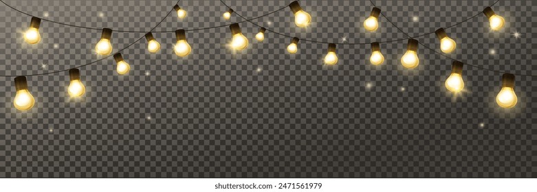 Light bulbs garland. Isolated holiday decoration, lamps frame. For Christmas, Ramadan, Al-Adha and Eid banners, wedding or birthday cards. Transparent background can be removed in vector format.