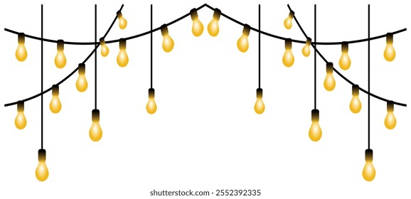 Light Bulbs Garland. Isolated holiday decoration, lamps frame. For Christmas, Ramadan, Al-Adha and Eid banners, wedding or birthday cards. Transparent background