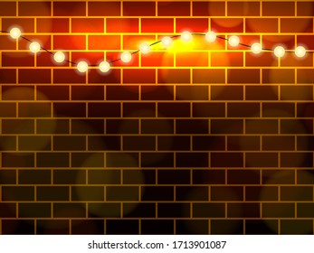 Light bulbs garland on a brown brick background. Vector stock illustration for poster