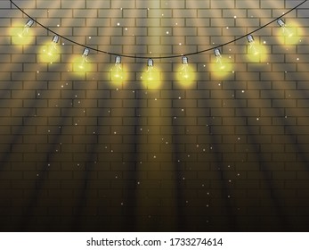 Light bulbs garland on a grey brick background. Vector stock illustration for poster