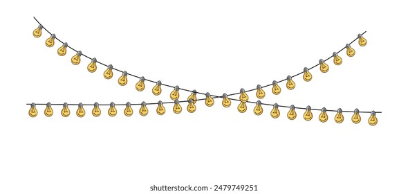 Light bulbs garland for outdoor restaurant, cafe, patio, garden lounge zone. Vector border isolated on white background. Christmas garland string. New Year party lamps decoration.