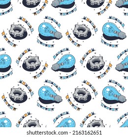 Light bulbs and Gears. Seamless pattern on a white background. Cute vector illustration.
