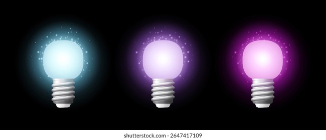 Lâmpadas brilhando com auras coloridas brilhantes no fundo preto