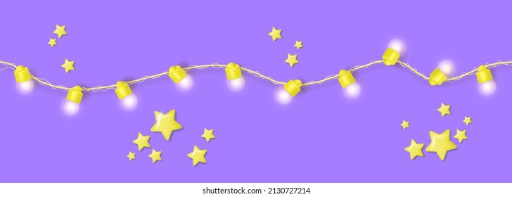 Light bulbs glowing garland and 3d stars confetti. Festive realistic decorations for holiday design card, banner, poster