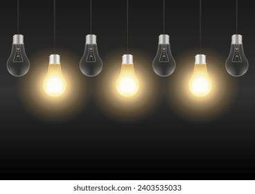 Light Bulbs with Glowing Lamps on Dark Background. Vector Illustration. 