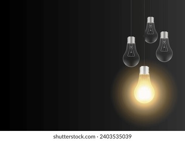 Light Bulbs with Glowing Lamps on Dark Background. Vector Illustration. 