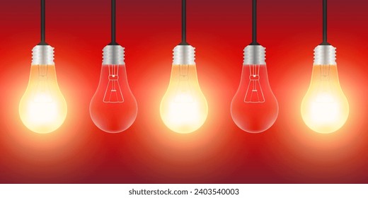 Light Bulbs with Glowing Lamps on Red Background. Decorative Light Bulbs for Christmas Background. Vector Illustration. 