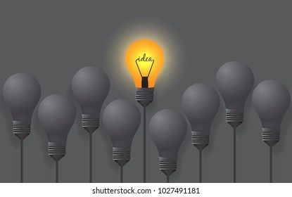 light bulbs with glowing one different idea on pastel gray background. idea business innovate achievement growth success concept object design, Business/Finance, creativity. top view.