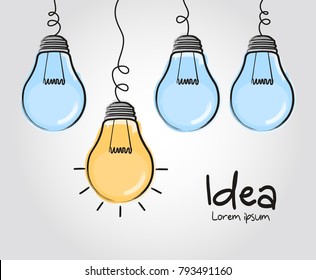 Light bulbs with glowing one different idea. Doodle hand drawn sign. Vector.