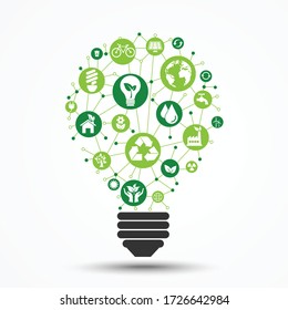 light bulbs with green ecology and environment icons. sustainable friendly symbol in circle. save energy and the world concept. vector illustration modern flat design. isolated on white background.