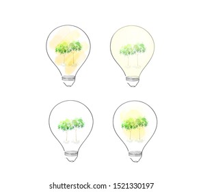 Light bulbs, green tree in lamp, think about architecture and landscape Idea and Concept, sign symbol in watercolor style, Vector illustration.