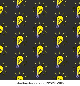 Light bulbs hand drawn seamless pattern cartoon minimalism yellow on grey font