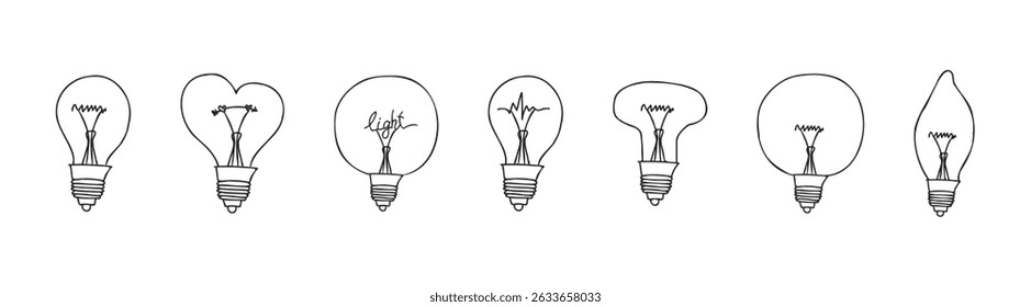 Light bulbs. Hand drawn stylish illustration set with various light bulbs. Set icon in doodle style.