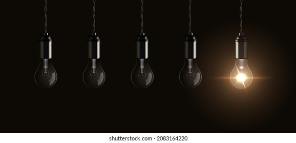 Light bulbs hang from ceiling vector illustration. Realistic 3d glass electric lamps with one bright lightbulb glowing, symbol of creative innovation, energy of inspiration on dark background