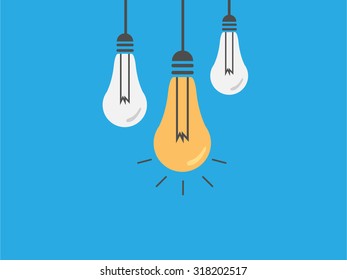 Light bulbs hanging on the ceiling with one bulb is being turned out.